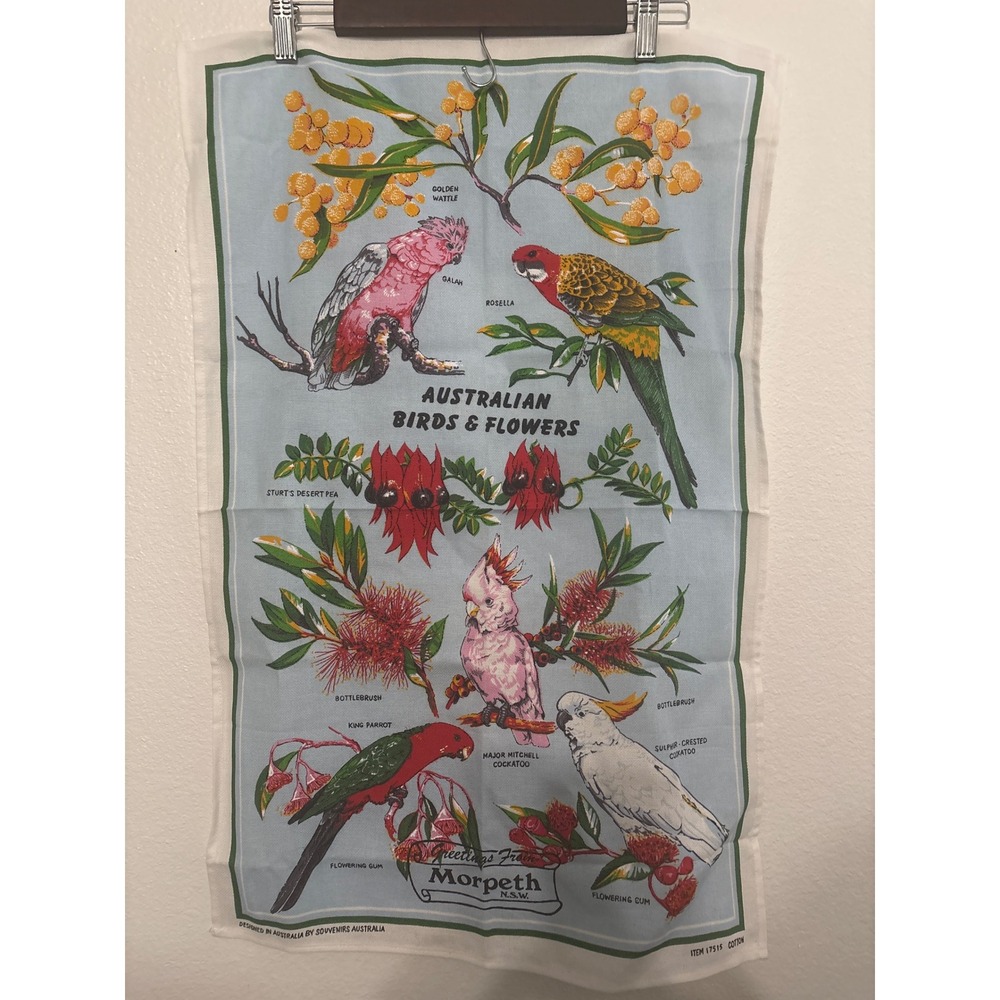 Souvenirs Australia Birds & Flowers Tea Towel Morpeth NSW Cotton Kitchen Towel